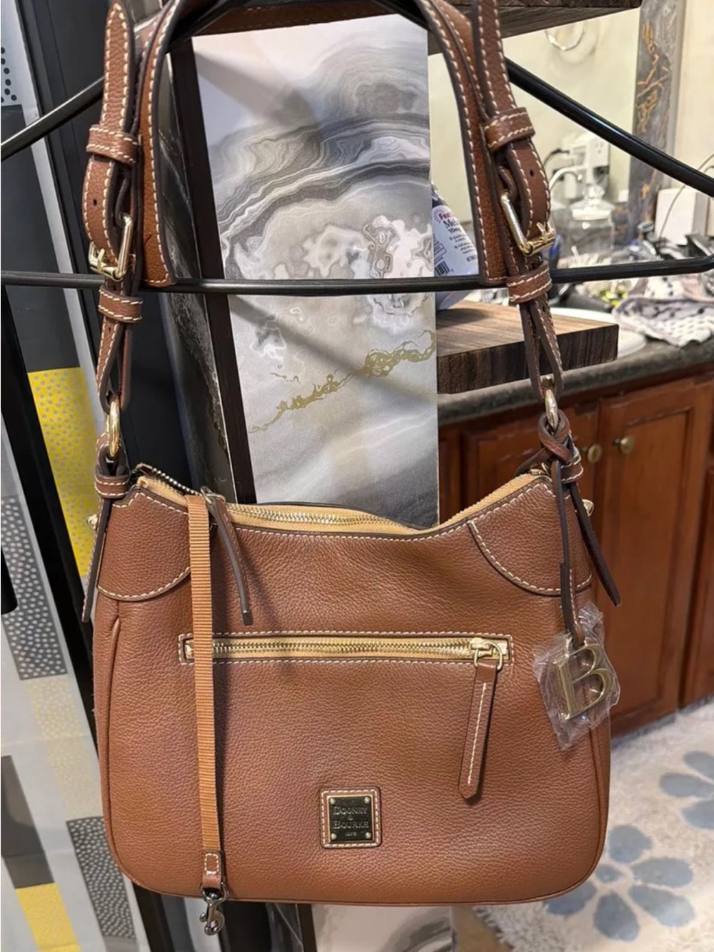 Dooney & Bourke Cognac Pebble Leather Shoulder Bag with Gold Hardware